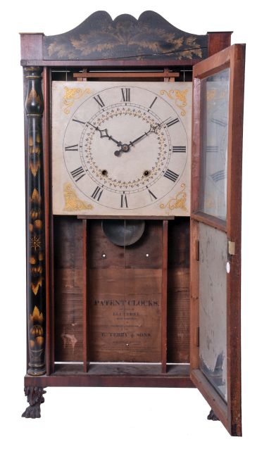 Clocks- 3 (Three): (1) E. Terry & Sons, Plymouth, Conn. 30 hour, time and strike weight wood movement half column & splat shelf clock, c1828; (2) Wells, Forbes, Bristol, New Hampshire, 30 hour, time, strike and alarm weight wood movement bevel case shelf clock, c1842; (3) George Marsh, Winchester, Conn., 30 hour, time, strike and alarm weight driven, brass movement OG shelf clock, c1850