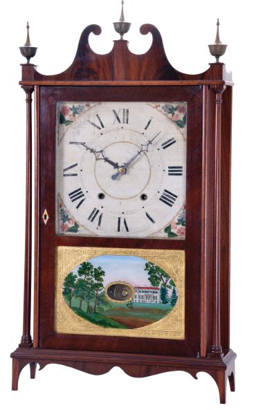 Seth Thomas, Plymouth, Conn., 30 hour, time and strike weight wood movement pillar & scroll shelf clock.