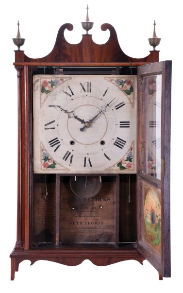 Seth Thomas, Plymouth, Conn., 30 hour, time and strike weight wood movement pillar & scroll shelf clock.