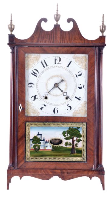 Ephraim Downs for George Mitchell, Bristol, Conn., 30 hour, time and strike weight wood movement pillar & scroll shelf clock.