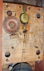 Ephraim Downs for George Mitchell, Bristol, Conn., 30 hour, time and strike weight wood movement pillar & scroll shelf clock.
