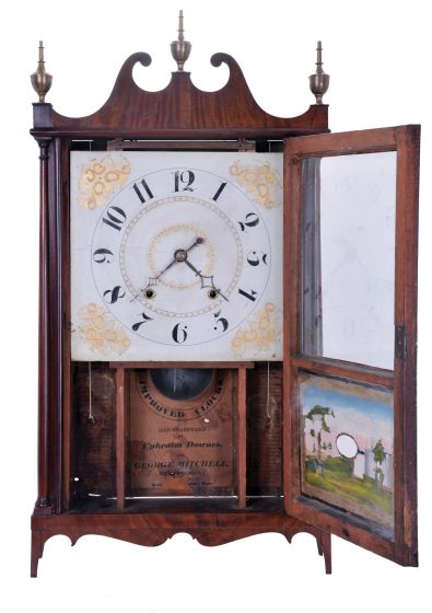 Ephraim Downs for George Mitchell, Bristol, Conn., 30 hour, time and strike weight wood movement pillar & scroll shelf clock.