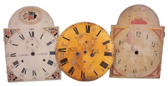 Tall Clock Dials- 8 (Eight) including round gilt "Fraser, Perth" Scotland, modern German, S. Thomas, Plymouth wooden dial, American wooden dial with Masonic symbols in arch, Armstrong, Manchester, England, generic painted iron dial, English painted iron dial with nautical scene and English painted iron dial with pastoral scene