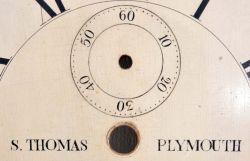 Tall Clock Dials- 8 (Eight) including round gilt "Fraser, Perth" Scotland, modern German, S. Thomas, Plymouth wooden dial, American wooden dial with Masonic symbols in arch, Armstrong, Manchester, England, generic painted iron dial, English painted iron dial with nautical scene and English painted iron dial with pastoral scene