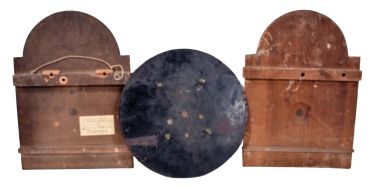 Tall Clock Dials- 8 (Eight) including round gilt "Fraser, Perth" Scotland, modern German, S. Thomas, Plymouth wooden dial, American wooden dial with Masonic symbols in arch, Armstrong, Manchester, England, generic painted iron dial, English painted iron dial with nautical scene and English painted iron dial with pastoral scene
