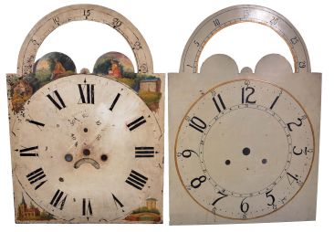 Tall Clock Dials- 8 (Eight) including round gilt "Fraser, Perth" Scotland, modern German, S. Thomas, Plymouth wooden dial, American wooden dial with Masonic symbols in arch, Armstrong, Manchester, England, generic painted iron dial, English painted iron dial with nautical scene and English painted iron dial with pastoral scene