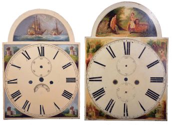 Tall Clock Dials- 8 (Eight) including round gilt "Fraser, Perth" Scotland, modern German, S. Thomas, Plymouth wooden dial, American wooden dial with Masonic symbols in arch, Armstrong, Manchester, England, generic painted iron dial, English painted iron dial with nautical scene and English painted iron dial with pastoral scene