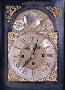 Clocks- 2 (Two): The first an ebonized, three train Austrian bracket clock with mock pendulum, Joseph Kamlosy, ebonized rectilinear case on brass ball feet, composite dial with Roman numeral, arcaded chapter ring, brass movement with verge escapement, striking the full quarters on two bells, c1785, the other possibly Swiss, rosewood case with painted decoration and brass trim, Roman numeral white enamel dial, unusual brass fusee timepiece movement with pinwheel escapement employing a steel cylinder from which the pallets are formed, c1800, bracket clock dimensions given