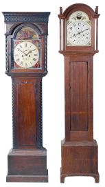 Tall Clocks- 4 (Four) and a tall clock case only: (1) English in a wide Yorkshire, short door case, the hood with mask for a 14" dial, 8 day movement with a 13" dial, c1840; (2) Monitor Clockworks mission style time only in oak; (3) S. Hoadley, Plymouth wooden works 30 hour, c1825; (4) Hutchinson, Douglas, Scottish in mahogany veneer case with Escape of Queen Mary" theme on dial including portraits of several famous Scottish poets, c1830; (5) English case only in walnut, c1850