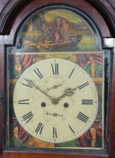 Tall Clocks- 4 (Four) and a tall clock case only: (1) English in a wide Yorkshire, short door case, the hood with mask for a 14" dial, 8 day movement with a 13" dial, c1840; (2) Monitor Clockworks mission style time only in oak; (3) S. Hoadley, Plymouth wooden works 30 hour, c1825; (4) Hutchinson, Douglas, Scottish in mahogany veneer case with Escape of Queen Mary" theme on dial including portraits of several famous Scottish poets, c1830; (5) English case only in walnut, c1850