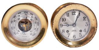 Chelsea Clock Co., Boston, Mass., "Chelsea" matching clock and barometer set, brass case "ship