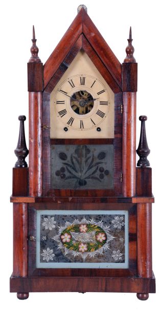 Birge & Fuller, Bristol, Conn., Sharp Gothic, steeple on frame shelf clock with 8 day, time and strike wagon spring driven movement.