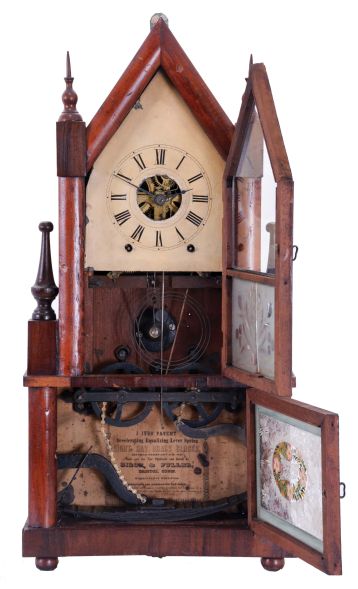 Birge & Fuller, Bristol, Conn., Sharp Gothic, steeple on frame shelf clock with 8 day, time and strike wagon spring driven movement.