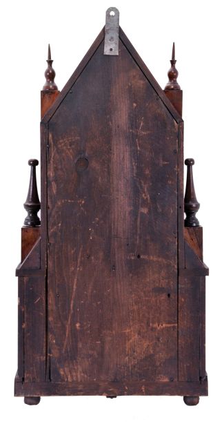 Birge & Fuller, Bristol, Conn., Sharp Gothic, steeple on frame shelf clock with 8 day, time and strike wagon spring driven movement.