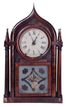 Brewster & Ingrahams, Bristol, Conn., 8 day, time and strike spring driven movement 4-column,Gothic onion top shelf clock.