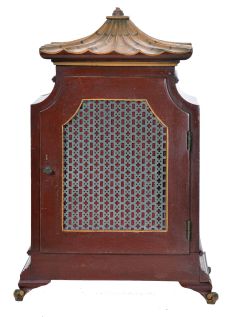 English, 8 day, time and strike spring driven, three train lever movement Westminster chime mantel clock in an Oriental-style gold and red Chinoiserie decorated case.