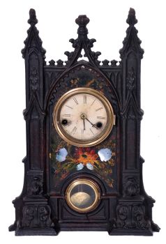 Unsigned Gothic style iron front shelf clock, attributed to the American Clock Co., NYC, with a 30 hour spring driven time and strike movement in a painted iron case with MOP inlay.