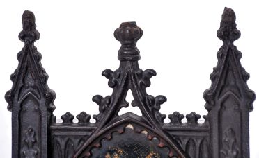 Unsigned Gothic style iron front shelf clock, attributed to the American Clock Co., NYC, with a 30 hour spring driven time and strike movement in a painted iron case with MOP inlay.