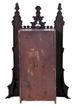 Unsigned Gothic style iron front shelf clock, attributed to the American Clock Co., NYC, with a 30 hour spring driven time and strike movement in a painted iron case with MOP inlay.