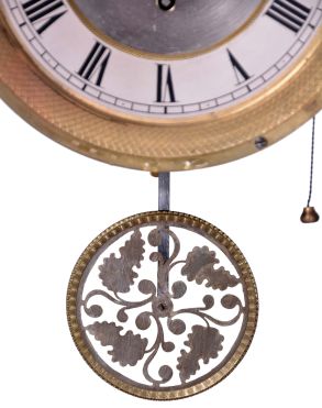 Austria, a mid 19th century portico clock with grand sonnerie striking, the case with rosewood veneers, ripple moldings, and contrasting, foliate marquetry, the columns with cast capitals and bases, Roman numeral silvered dial, blued steel hands, two day brass movement sounding the quarters in passing, and repeating the last hour and quarter on demand, silk suspended pendulum with engine turned rim, and decorative, pierced center