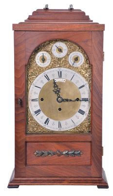 English, 8 day, time and strike three train 8 bell chiming bracket clock playing Whittington/Cambridge chimes. Retailed by Wales & McCulloch, 56 Cheapside. E.C., now in a later case.