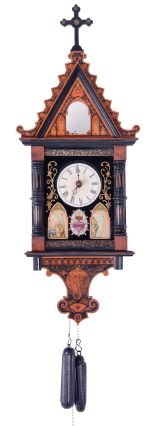 Black Forest: Hans Konrad, Brux Czech Republic, Biedermeier style wall clock, 30 hour, time and gong strike, weight-driven movement with wood plates and brass wheels within a pine case with reverse painted glass front. The overall form of the case is typical of Black Forest Biedermeier wall clocks and the mechanism is essentially the same as most cuckoo clocks of this vintage. The elaborate case ornamentation features Catholic themes such as the cross, the Sacred Heart, and two small prints depicting Jesus.