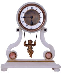 French, Farcot,8 day, spring driven, Farcot-style chaff cutter movement with swinging doll pendulum in an alabaster mantel case.