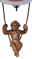French, Farcot,8 day, spring driven, Farcot-style chaff cutter movement with swinging doll pendulum in an alabaster mantel case.