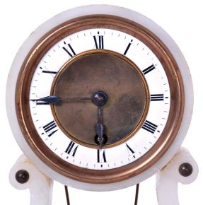 French, Farcot,8 day, spring driven, Farcot-style chaff cutter movement with swinging doll pendulum in an alabaster mantel case.