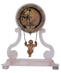 French, Farcot,8 day, spring driven, Farcot-style chaff cutter movement with swinging doll pendulum in an alabaster mantel case.
