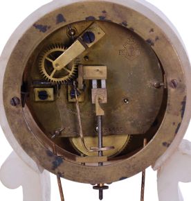 French, Farcot,8 day, spring driven, Farcot-style chaff cutter movement with swinging doll pendulum in an alabaster mantel case.