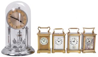 Clocks- 5 (Five): 4 (Four) carriage clocks including, Waterbury and three French, one with alarm, and a German anniversary clock
