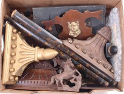 Clock parts including partial and complete cases, glass domes, finials, banjo brackets, chime rods, spring barrels, hands, pendulum bobs, dials, and other useful items. One of the partial cases is from a Welch, Spring & Co. "Patti" model. 8 (Eight) boxes total.