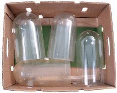 Clock parts including partial and complete cases, glass domes, finials, banjo brackets, chime rods, spring barrels, hands, pendulum bobs, dials, and other useful items. One of the partial cases is from a Welch, Spring & Co. "Patti" model. 8 (Eight) boxes total.