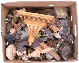 Clock parts including partial and complete cases, glass domes, finials, banjo brackets, chime rods, spring barrels, hands, pendulum bobs, dials, and other useful items. One of the partial cases is from a Welch, Spring & Co. "Patti" model. 8 (Eight) boxes total.