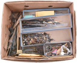 Clock parts including partial and complete cases, glass domes, finials, banjo brackets, chime rods, spring barrels, hands, pendulum bobs, dials, and other useful items. One of the partial cases is from a Welch, Spring & Co. "Patti" model. 8 (Eight) boxes total.