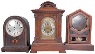 Clock parts including partial and complete cases, glass domes, finials, banjo brackets, chime rods, spring barrels, hands, pendulum bobs, dials, and other useful items. One of the partial cases is from a Welch, Spring & Co. "Patti" model. 8 (Eight) boxes total.
