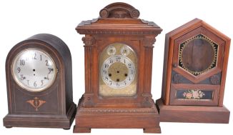 Clock parts including partial and complete cases, glass domes, finials, banjo brackets, chime rods, spring barrels, hands, pendulum bobs, dials, and other useful items. One of the partial cases is from a Welch, Spring & Co. "Patti" model. 8 (Eight) boxes total.