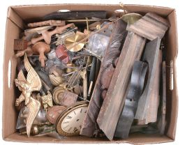 Clock parts including case parts, finials, old electric motors, clock keys, Connecticut time-and-strike movement parts, bells, and hundreds of new old stock clock hands.