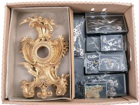 Clock parts including case parts, finials, old electric motors, clock keys, Connecticut time-and-strike movement parts, bells, and hundreds of new old stock clock hands.
