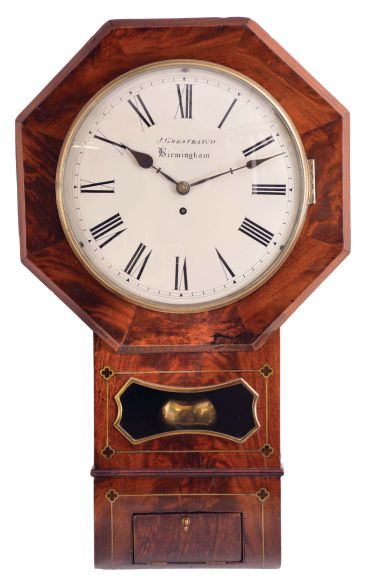 English, 8 day, spring driven, fusee movement drop octagon wall timepiece, in a mahogany case with bevelled edges, the painted dial signed J. Greatbatch, Birmingham.