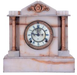 Ansonia Clock Co., New York, unidentified model shelf clock with an 8 day spring driven time and strike visible escapement movement in a white onyx case.