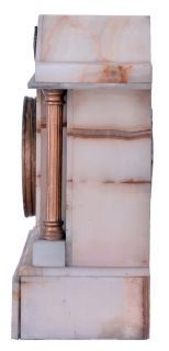 Ansonia Clock Co., New York, unidentified model shelf clock with an 8 day spring driven time and strike visible escapement movement in a white onyx case.