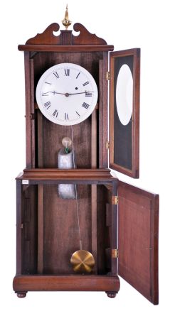 Reproduction, 8 day, weight driven, brass movement Aaron Willard, Massachusetts shelf clock. The maker of this timepiece is unknown.