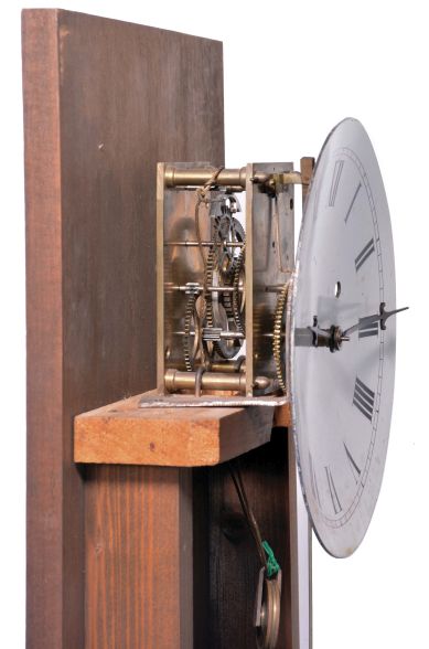 Reproduction, 8 day, weight driven, brass movement Aaron Willard, Massachusetts shelf clock. The maker of this timepiece is unknown.