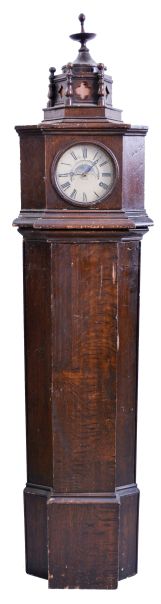 George Cox, Carlisle, England dwarf tall clock, 8 day, time only, weight driven brass movement in a grain painted soft wood rectilinear continental case with domed top and a painted metal dial with maker