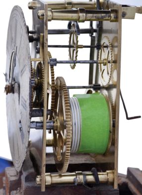 George Cox, Carlisle, England dwarf tall clock, 8 day, time only, weight driven brass movement in a grain painted soft wood rectilinear continental case with domed top and a painted metal dial with maker