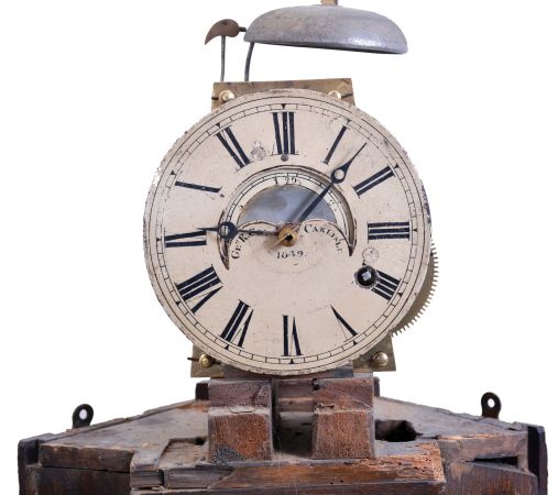 George Cox, Carlisle, England dwarf tall clock, 8 day, time only, weight driven brass movement in a grain painted soft wood rectilinear continental case with domed top and a painted metal dial with maker