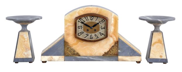 French, F.Marti, 3 piece mantel garniture set with 8 day, time and strike, spring driven movement in a multi color onxy Art Deco case, white base with gray marble top, sides, and front panels, brass ornaments, silvered dial with patterned center, and matching marble tazze, c1920.