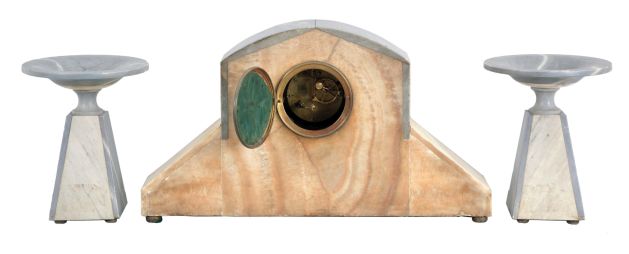 French, F.Marti, 3 piece mantel garniture set with 8 day, time and strike, spring driven movement in a multi color onxy Art Deco case, white base with gray marble top, sides, and front panels, brass ornaments, silvered dial with patterned center, and matching marble tazze, c1920.